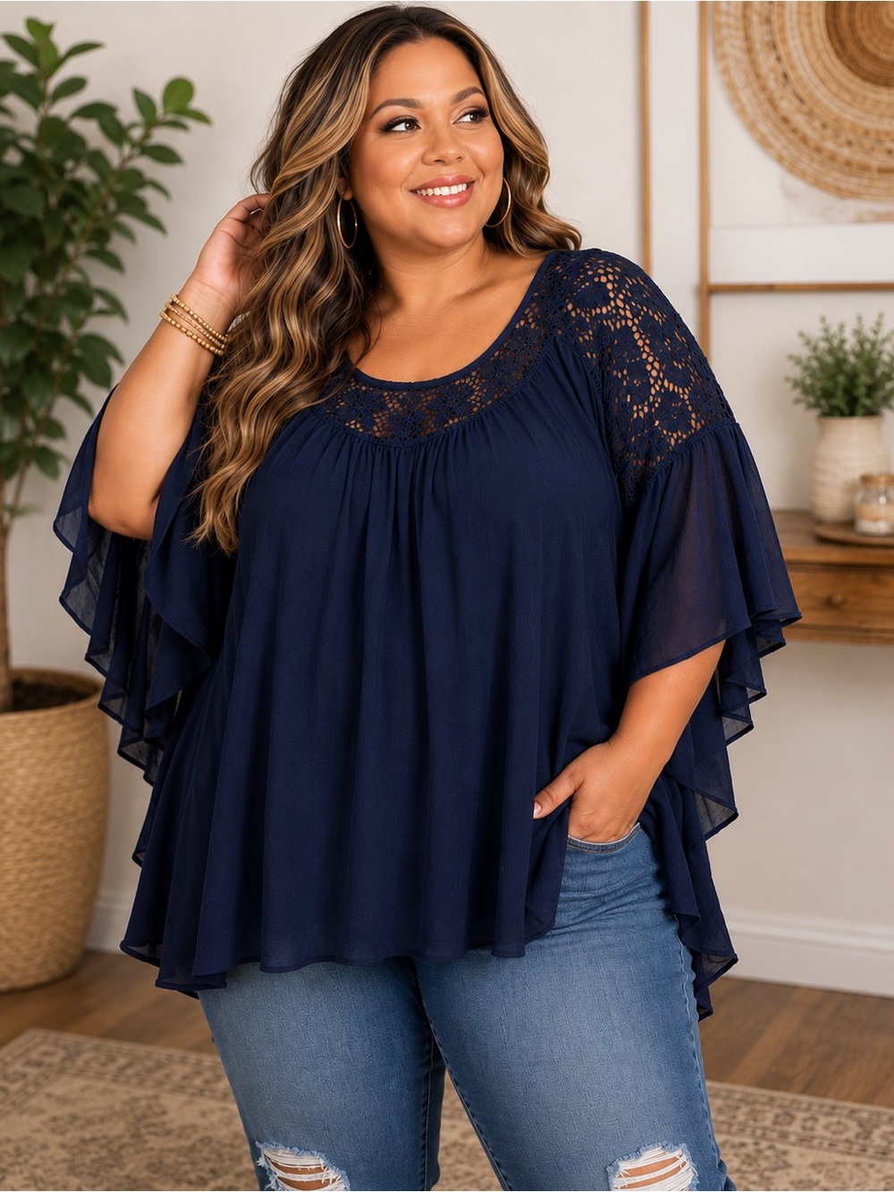 Navy Blue Boho Tunic Top 26/28W Lace Crochet Sleeves Flowy Peasant Blouse